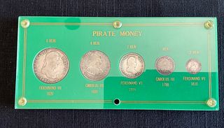 Group of 5 Reales Silver Coins Pirate Money Display Case