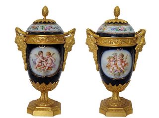 Pair Of 19th C. Figural Hand Painted Sevres Urns