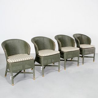 Janus et Cie., set (4) green painted wicker chairs