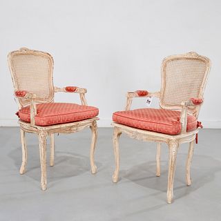 Pair Louis XV style painted and caned fauteuils