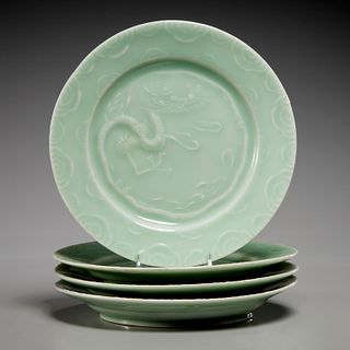 (4) Chinese celadon dragon dishes