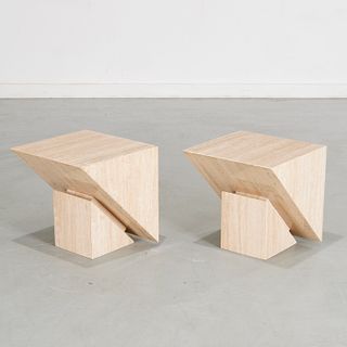 Pair Post-Modern travertine marble side tables