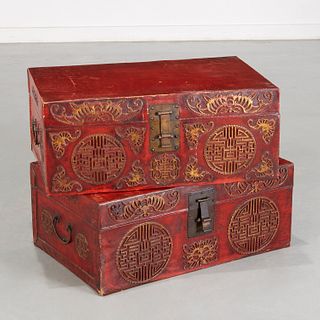 Pair Chinese lacquered leather chests