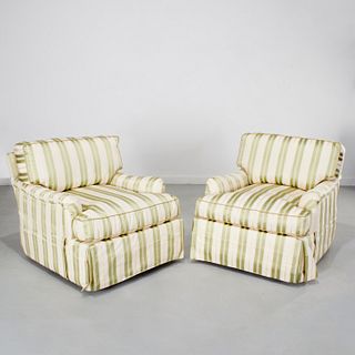 Pair custom damask upholstered club chairs