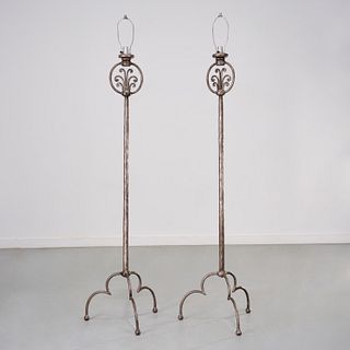 Pair Edgar Brandt style modern iron floor lamps