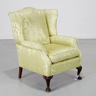 George III style Damask upholstered wing chair