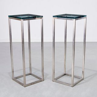 Pair Pace style steel and glass pedestals