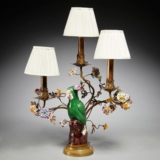 Franco-Chinese parrot candelabrum lamp