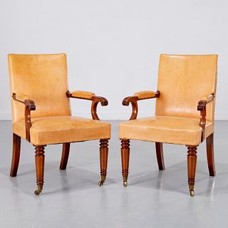 Howe London, pair leather and oak armchairs