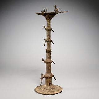 Antique Indian dohkra tall bronze oil lamp