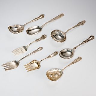 Group ornate American sterling serving utensils