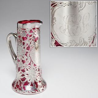 Lunt silver overlay cranberry glass pitcher
