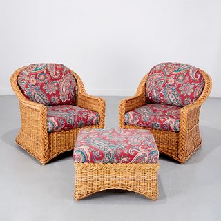 Ralph Lauren style rattan club chairs and ottoman