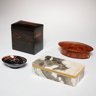 Group Modernist stone & wood boxes, dish