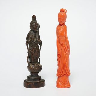 (2) antique Chinese coral and bronze Guanyin