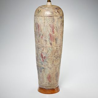 Large Mid-Century sgraffito pottery lamp