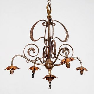 Art Nouveau steel and copper gas chandelier