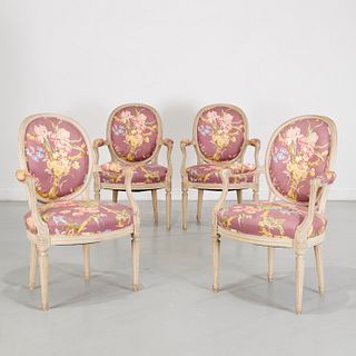 (4) Louis XVI style painted chintz dining chairs