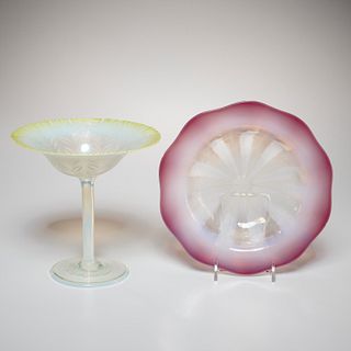 L.C. Tiffany pastel Favrile glass bowl & compote