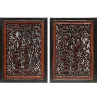 Pair antique Chinese carved hardwood panels
