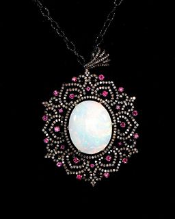 Opal, pink sapphire, diamond, blackened silver pendant