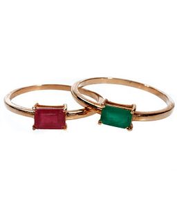 Two emerald, ruby and 14k gold stacking rings
