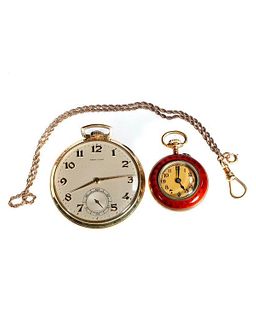 Two pocketwatches with gold fob chain