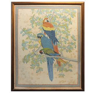 Large Antique Oil Painting on Silk of Parrots