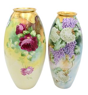 Two Limoges France Hand Painted and Gilt Floral Motif Large Vases