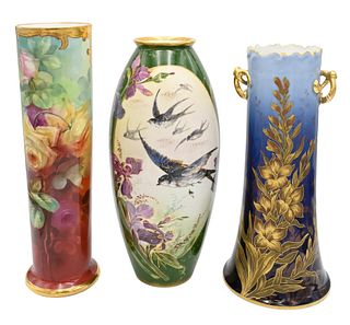 Three Limoges France Hand Painted and Gilt Tall Vases