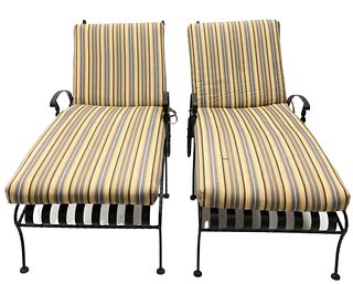 Two Heavy Wrought Iron Outdoor Chaise Lounges
