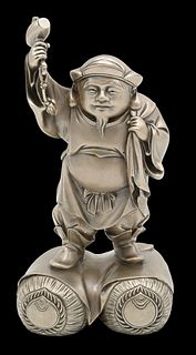 Large Japanese Meiji Solid Silver Figure Holding a Hammer