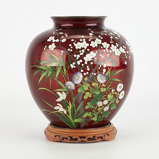 Japanese Pigeon Blood Red Cloisonne Vase