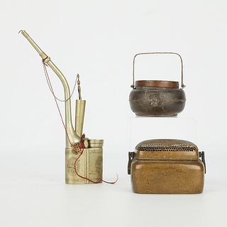 3 Chinese Metal Objects - Handwarmers & Waterpipe
