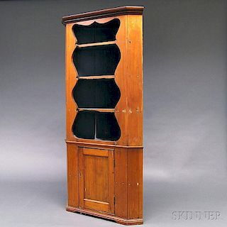 Carved Pine Two-piece Corner Cupboard