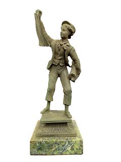 Art Nouveau French Newsboy Spelter Statue on Marble Base 