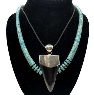 Native American NAVAJO HEISHI Turquoise Necklace & Sterling Shark Tooth Pendant 