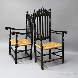 Two Black-painted William and Mary-style Banister-back Armchairs