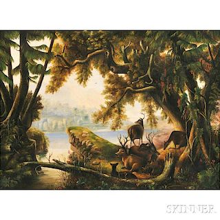 American School, 19th Century       Landscape with Deer.