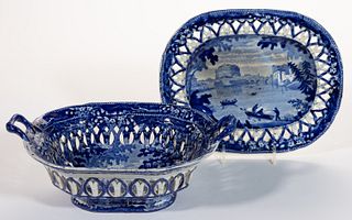STAFFORDSHIRE ITALIAN VIEW TRANSFER-PRINTED CERAMIC RETICULATED BASKET AND STAND