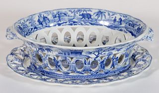 STAFFORDSHIRE TRANSFER-PRINTED CERAMIC RETICULATED BASKET AND STAND