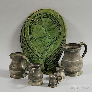 Five Graduated Pewter Measures and an Early Bonnet