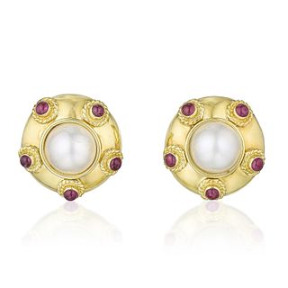 Vintage Pearl and Ruby Gold Earclips