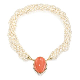 Coral and Diamond Pearl Torsade Necklace