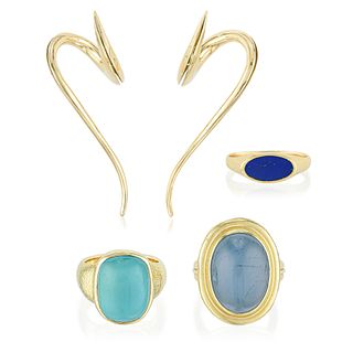 Three Colored Stone Rings and One Gold Earrings