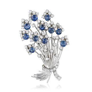 Vintage Sapphire and Diamond Flower Brooch