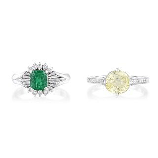 Group of Two Emerald and Diamond and Yellow Sapphire and Diamond Rings