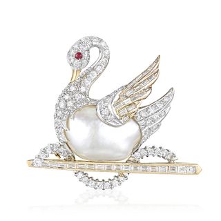 Diamond and Pearl Swan Brooch