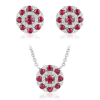 Ruby and Diamond Earrings and Necklace Set
