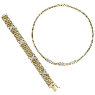 Set of Diamond and Gold Necklace and Bracelet